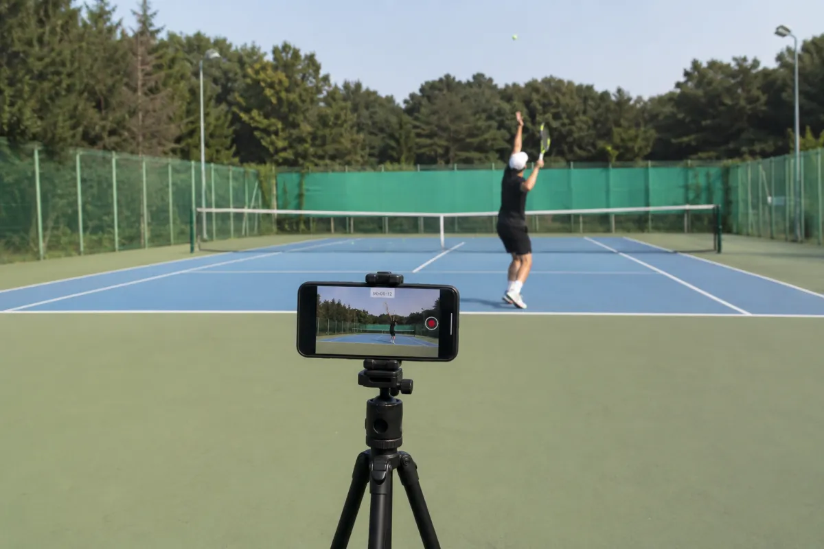 Recording a tennis serve with a phone on a tripod