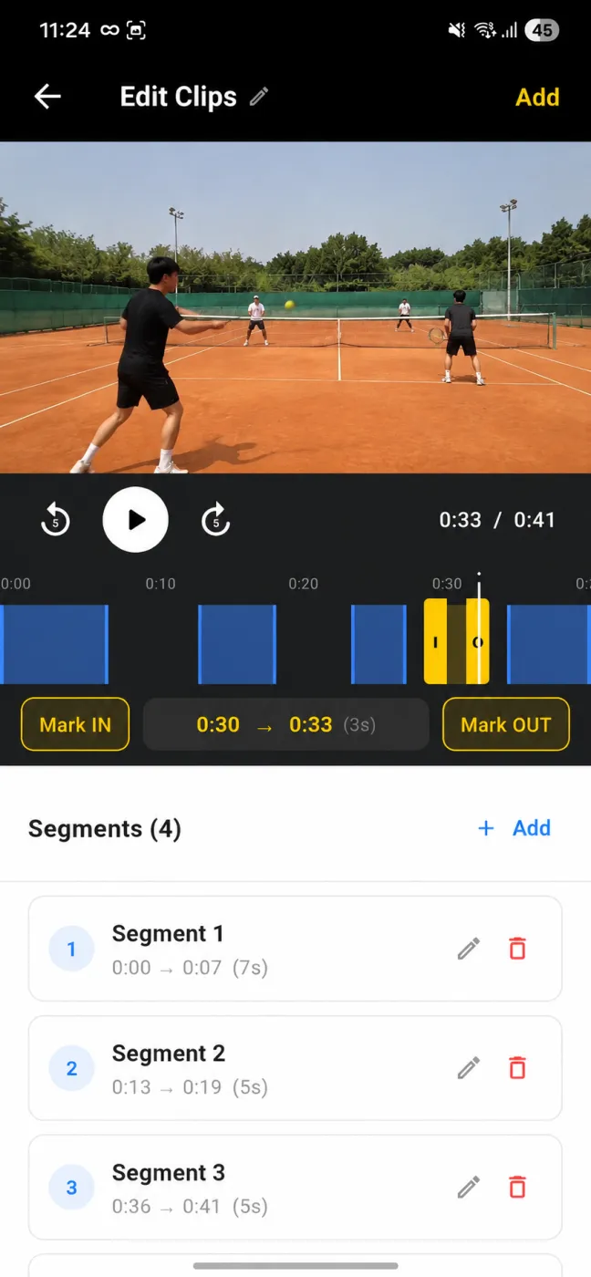 Automatic rally editing timeline in the app